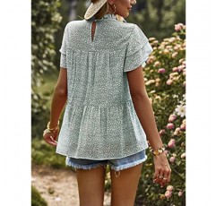 PRETTYGARDEN 여성 캐주얼 여름 탑 프릴 반팔 모의 넥 패션 꽃 무늬 쉬폰 블라우스 셔츠