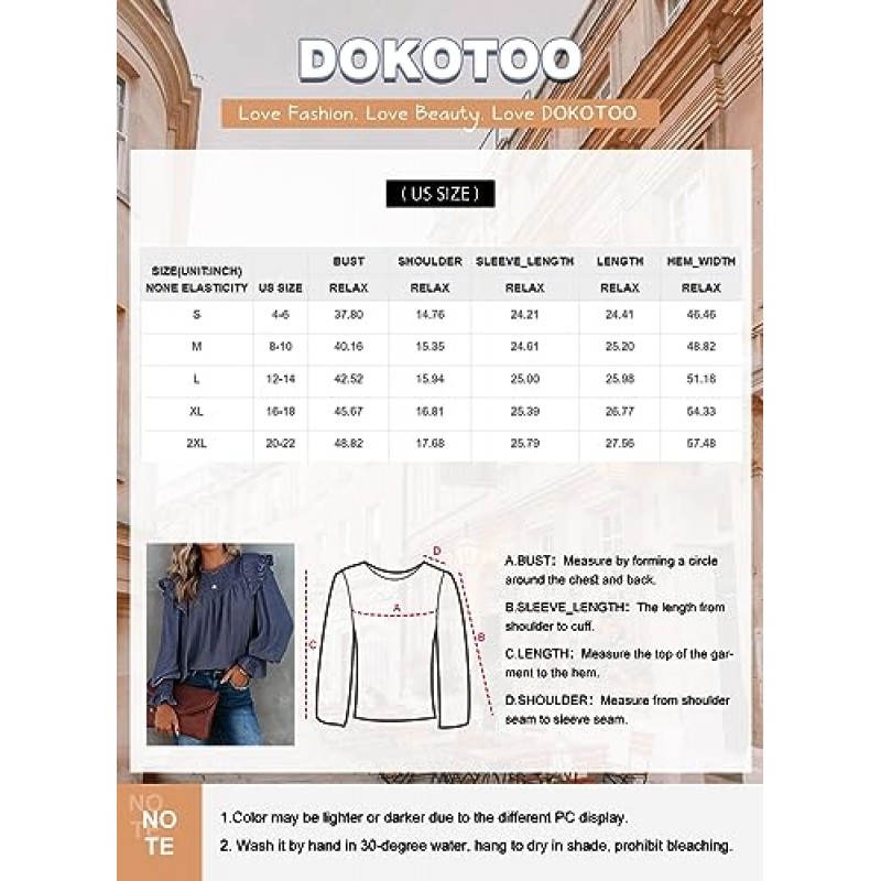 Dokotoo 캐주얼 여성 탑 버블 긴 소매 크루넥 스목 프릴 셔츠 블라우스