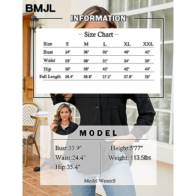 BMJL 여성용 버튼 다운 셔츠 비즈니스 캐주얼 작업 탑 3/4 롤업 슬리브 블라우스(포켓 포함)