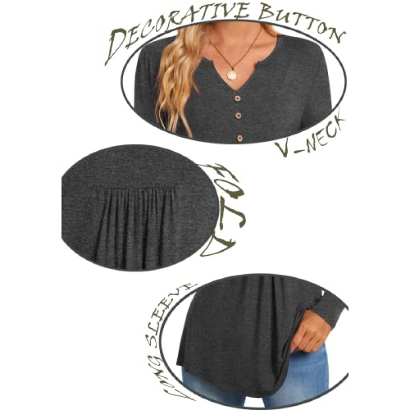 CATHY 여성용 긴 소매 튜닉 탑 헨리 셔츠 V 넥 버튼 다운 블라우스 캐주얼 플리츠 기본 풀오버