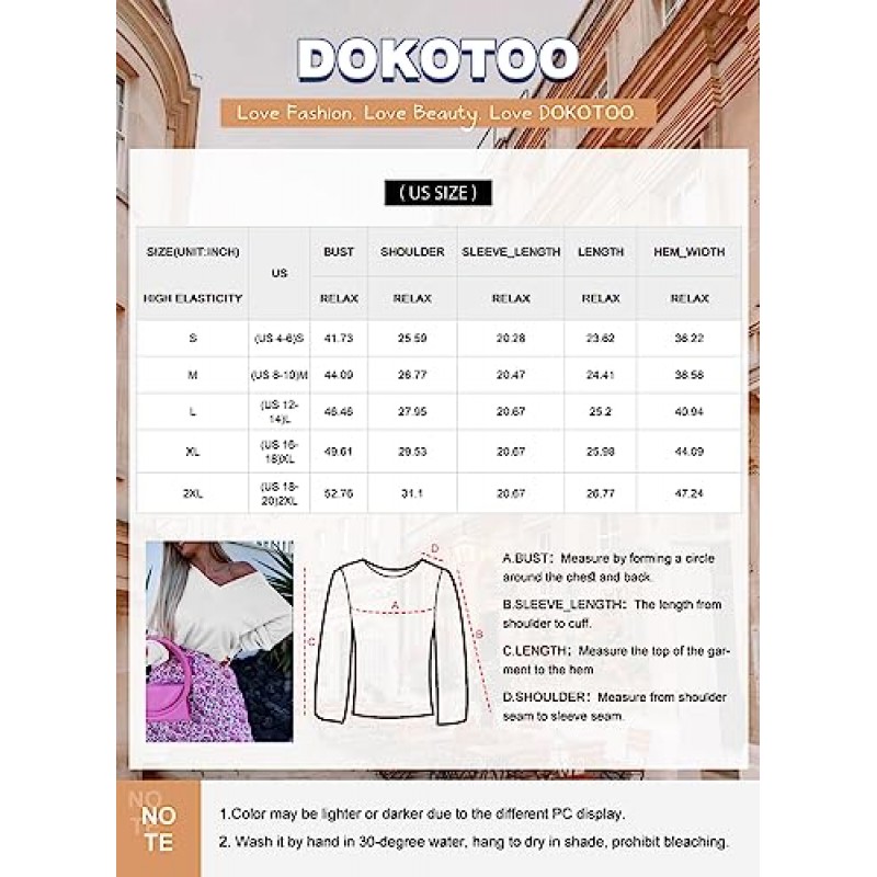Dokotoo 여성용 V 넥 긴 소매 스웨터 캐주얼 오프 숄더 솔리드 컬러 풀오버 탑 블라우스