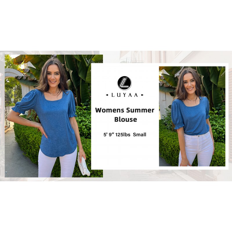 LUYAA Womens Summer Tops 2023 스퀘어 넥 퍼프 슬리브 T 셔츠 반소매 소프트 루즈 피트 튜닉 블라우스 S-2XL