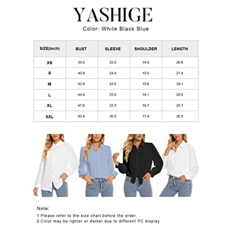 YASHIGE Womens 버튼 다운 셔츠 긴 소매 칼라 오피스 드레스 블라우스 Dressy 캐주얼 쉬폰 비즈니스 작업상의