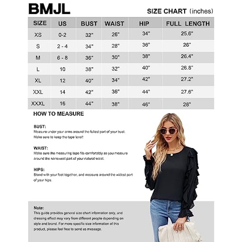 BMJL 여성용 Dressy 캐주얼 탑 여성용 프릴 긴 소매 셔츠 루즈 패션 블라우스 2023