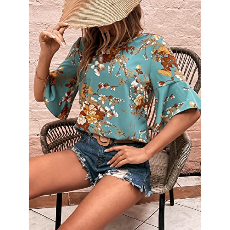 GORGLITTER 여성용 꽃무늬 플라운스 반소매 블라우스 탑 라운드 넥 우아한 셔츠