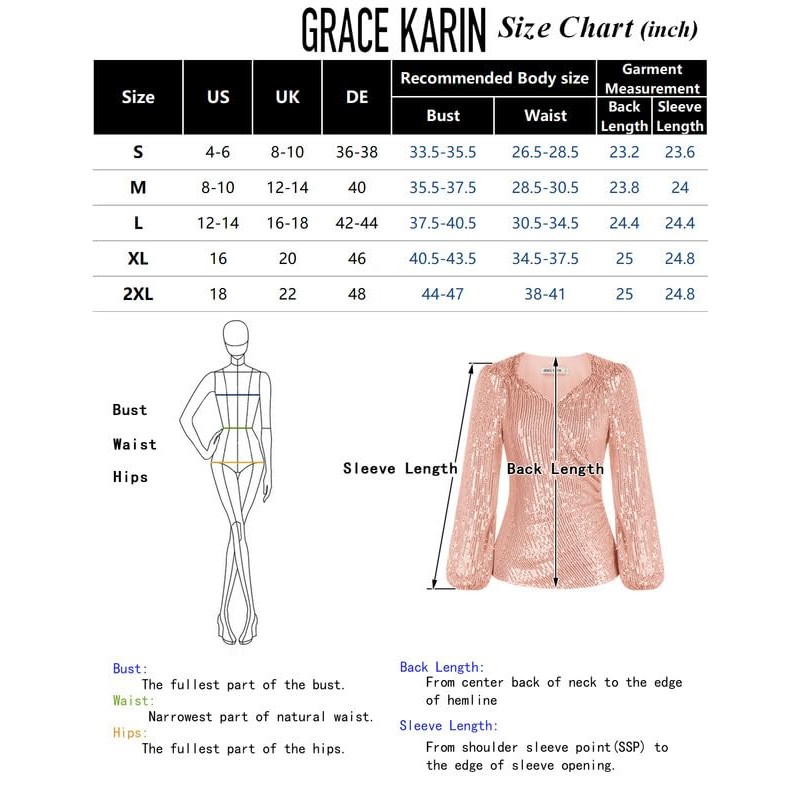 GRACE KARIN Womens Sparkly Sequin Top 긴 소매 글리터 블라우스 V 넥 셔링 스파클 Dressy Party Club Tops