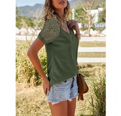MEROKEETY 여성 여름 레이스 반팔 V 넥 탑 셔츠 루즈 캐주얼 와플 티 블라우스