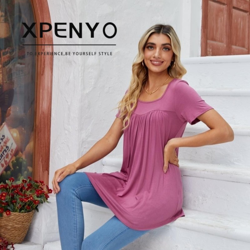 Xpenyo Womens Tops 캐주얼 여름 스퀘어 넥 반소매 튜닉 셔츠 숨기기 배꼽 느슨한 흐르는 튜닉 블라우스