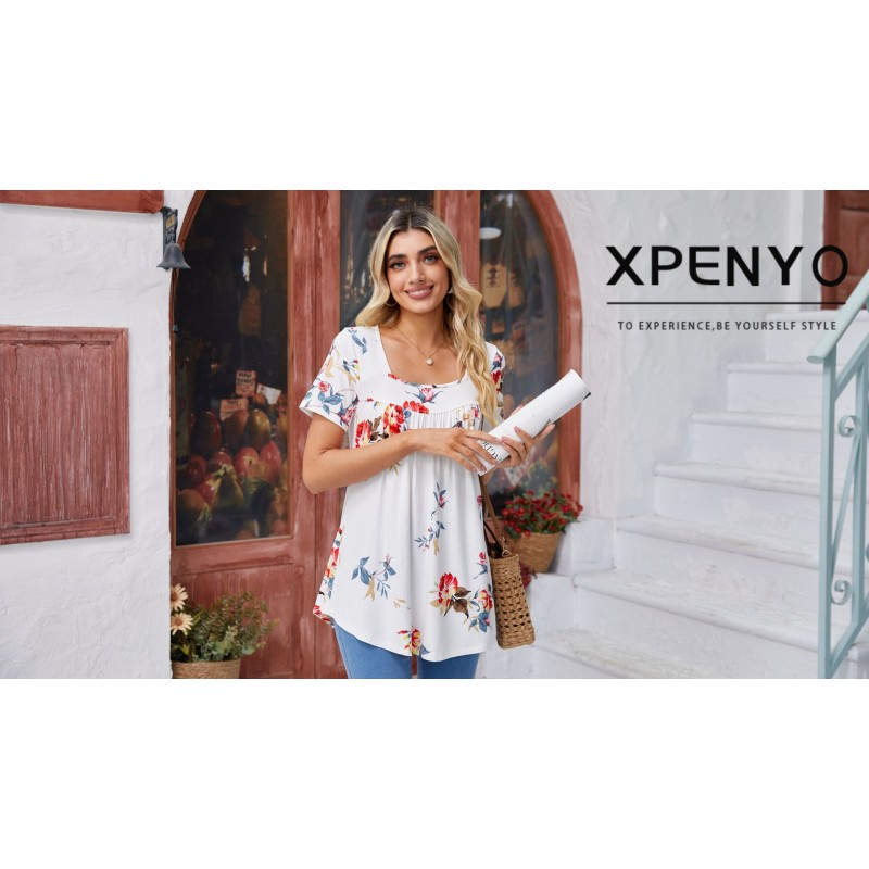 Xpenyo Womens Tops 캐주얼 여름 스퀘어 넥 반소매 튜닉 셔츠 숨기기 배꼽 느슨한 흐르는 튜닉 블라우스