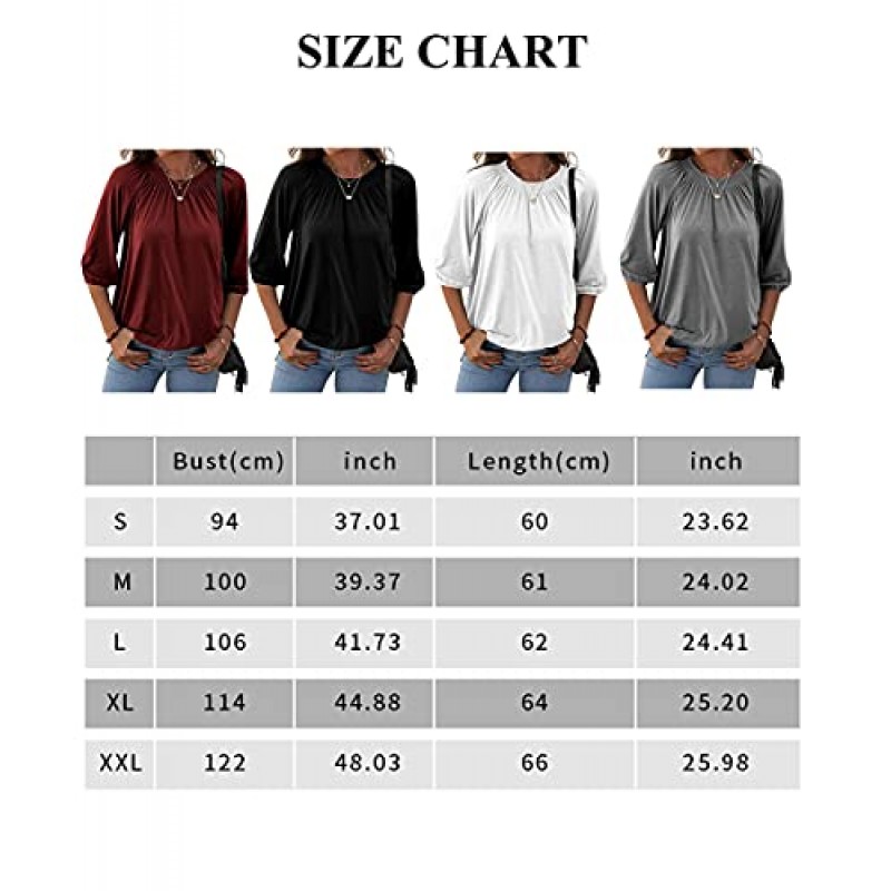 Axxnism ​​여성용 3/4 슬리브 셔츠 루즈 피트 플리츠 크루 넥 트렌디 탑 귀여운 캐주얼 작업 셔츠