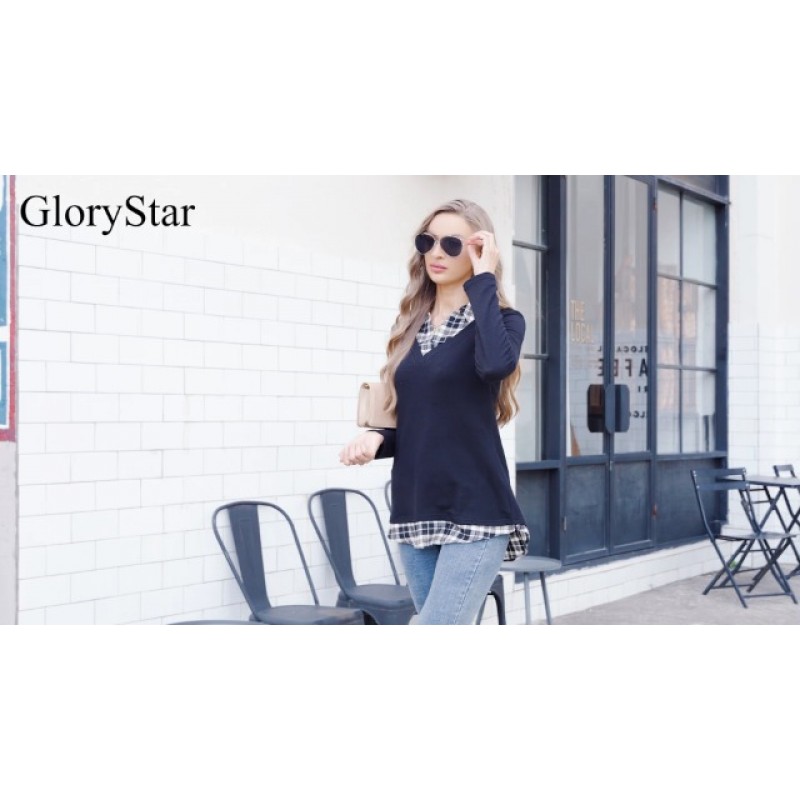 GloryStar 여성용 긴 소매 대비 칼라 셔츠 패치 워크 작업 블라우스 튜닉상의
