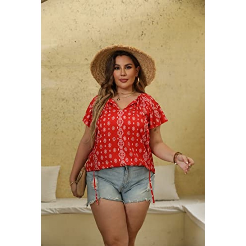TUYOLUE 여성용 플러스 사이즈 Boho 탑 꽃 무늬 V 넥 반소매 여름 루즈 피트 시폰 블라우스 셔츠 1X-5X