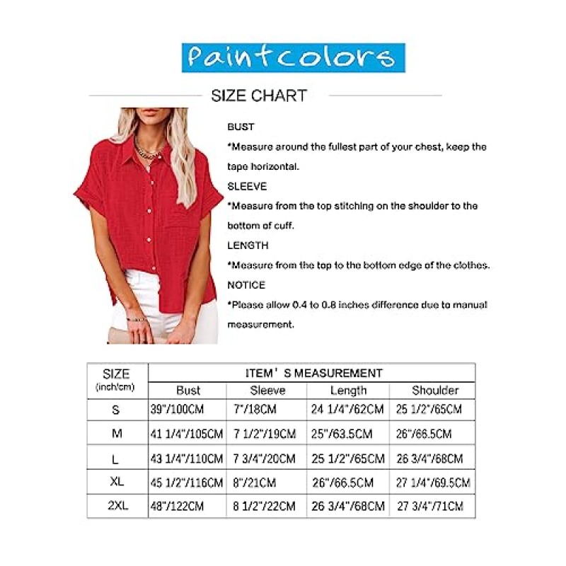 Paintcolors 여성용 버튼 다운 셔츠 코튼 반소매 블라우스 V 넥 캐주얼 튜닉 포켓이 있는 솔리드 컬러 탑