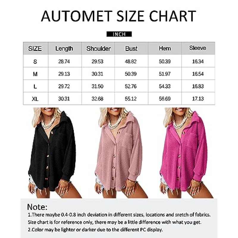 AUTOMET Womens Shackets 와플 니트 캐주얼 자켓 버튼 다운 플란넬 셔츠 트렌디 탑 가을 의류 2023 패션 의상
