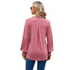AUSELILY 여성용 탑 캐주얼 퍼프 긴팔 V 넥 티셔츠 루즈하고 편안한 튜닉 블라우스