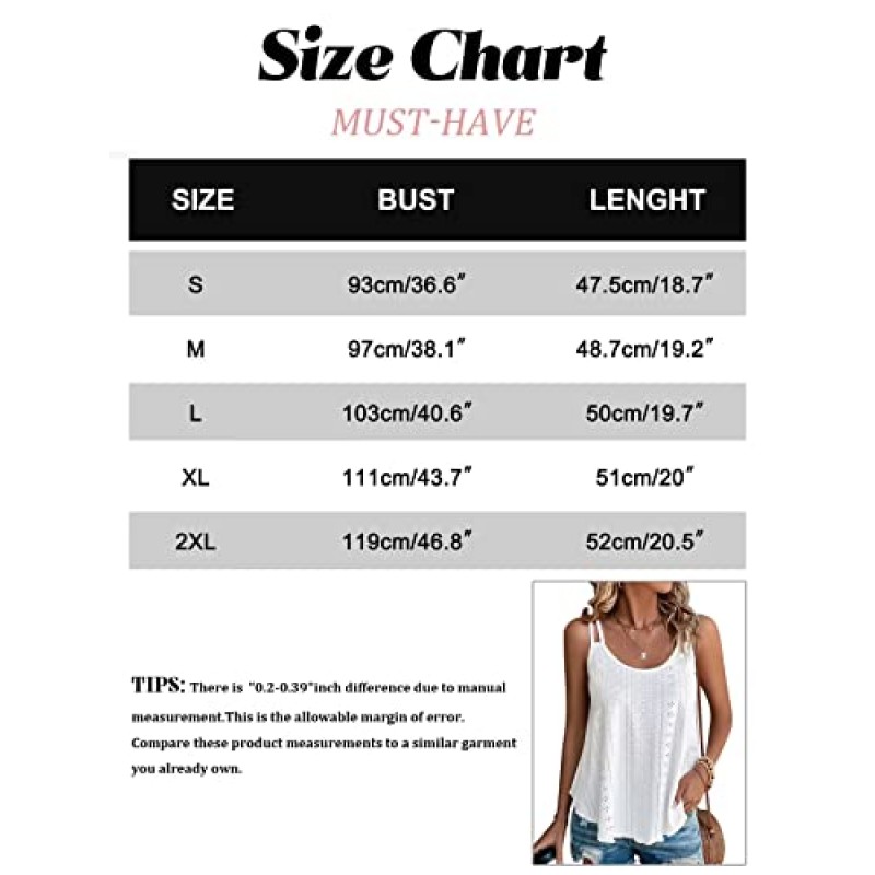 KKJ Womens Tank Tops 아일렛 자수 민소매 스파게티 스트랩 탑 스쿠프 넥 섹시한 루즈 피트 캐주얼 여름 Flowy Cami