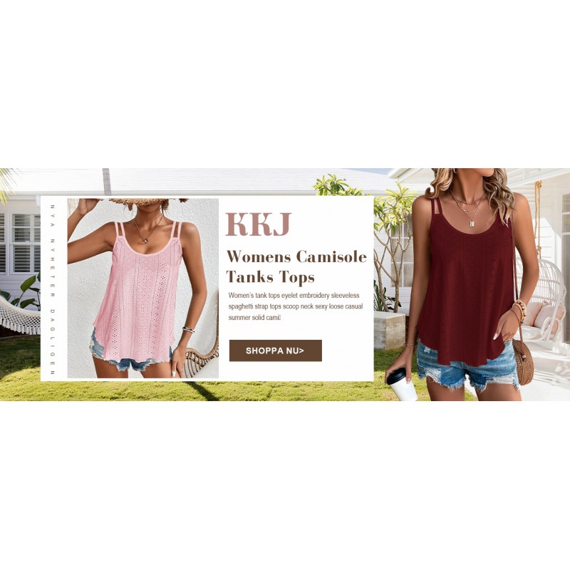 KKJ Womens Tank Tops 아일렛 자수 민소매 스파게티 스트랩 탑 스쿠프 넥 섹시한 루즈 피트 캐주얼 여름 Flowy Cami