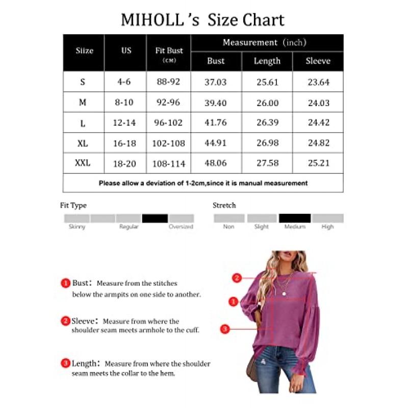 MIHOLL Womens 긴 소매 탑 크루 넥 프릴 랜턴 슬리브 캐주얼 루즈 블라우스 T 셔츠