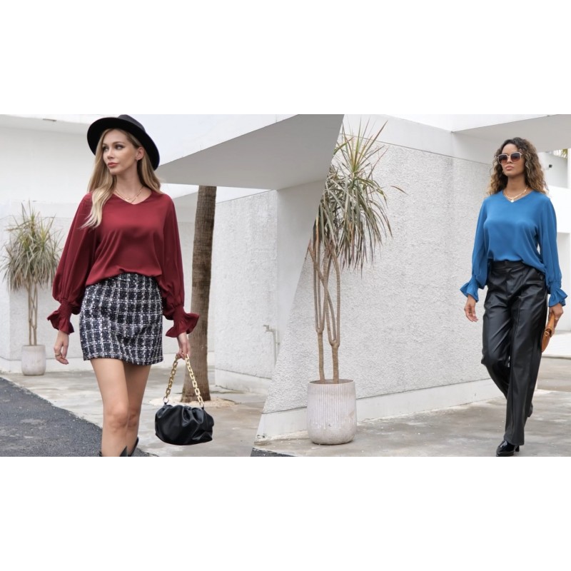 Aifer Womens 블라우스 Dressy 캐주얼 탑 V 넥 프릴 풍선 긴 소매 셔츠 우아한 비즈니스 캐주얼 의상