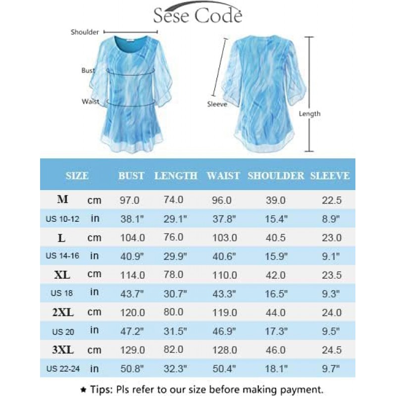 SeSe Code 여성용 러플 3/4 슬리브 메쉬 블라우스 루즈한 플로위 탑 스트레치 셔츠