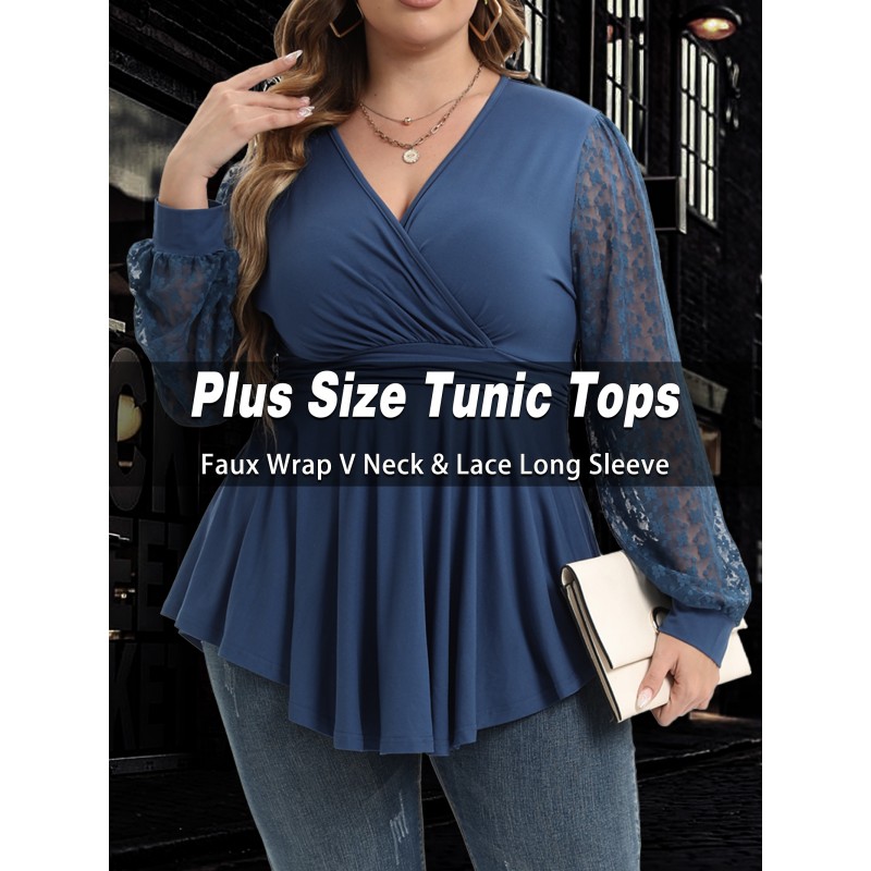 ALLEGRACE 플러스 사이즈 튜닉 탑 여성 레이스 긴 소매 인조 랩 V 넥 드레시 셔츠