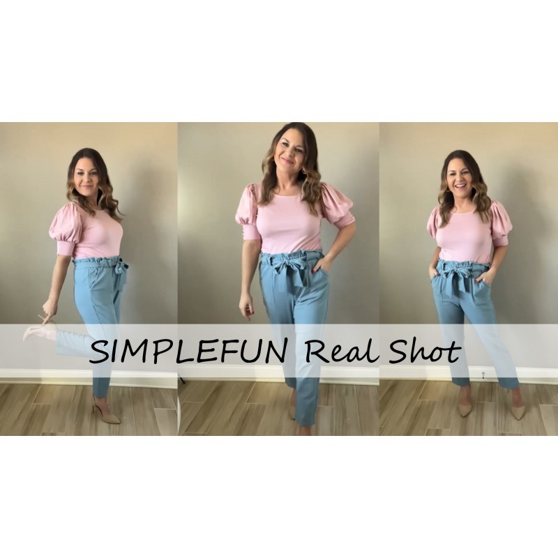 SimpleFun 여성 퍼프 슬리브 탑 여름 크루넥 루즈 캐주얼 블라우스 셔츠