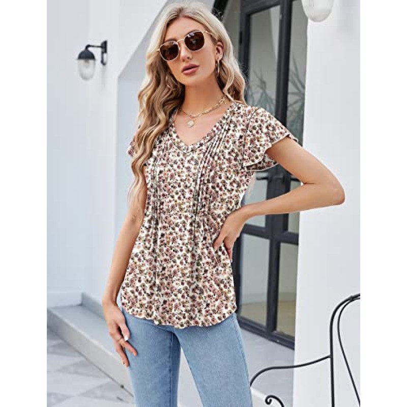 LOMON Womens Tops Dressy 캐주얼 여름 플러터 슬리브 티셔츠 프릴 반팔 루즈 V 넥 튜닉 탑