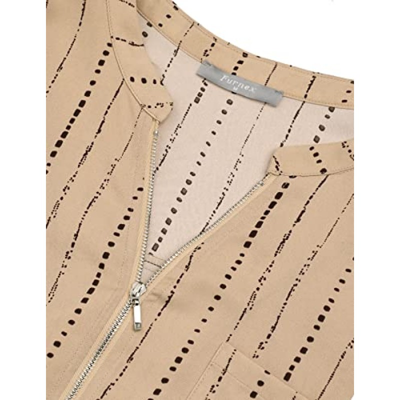 Furnex 여성용 브이넥 시폰 블라우스 하프 집업 튜닉 셔츠 3/4 롤 슬리브 탑 작업 캐주얼