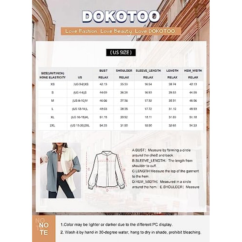 Dokotoo 여성용 컬러 블록 버튼 다운 셔츠 긴 소매 오버사이즈 보이프렌드 블라우스 탑