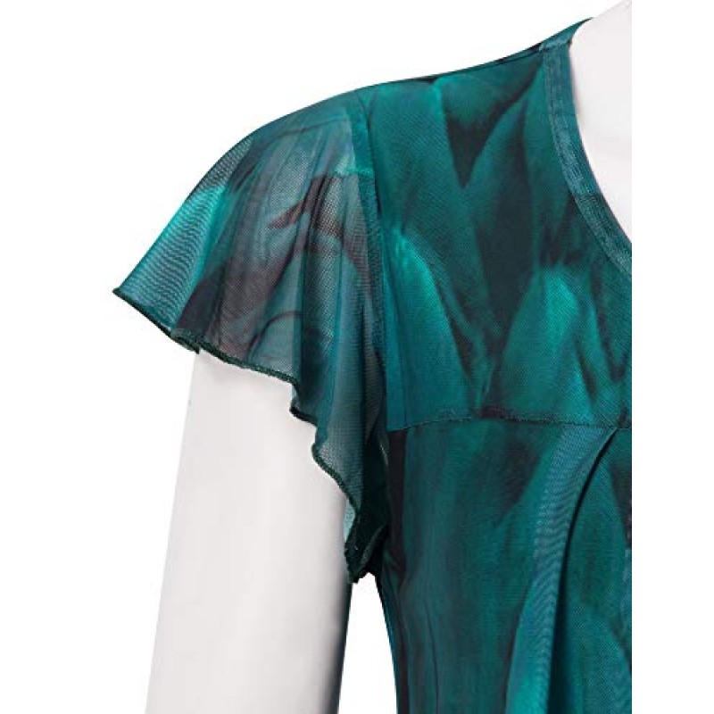 Furnex 여성용 반팔 튜닉 셔츠 플리츠 메쉬 블라우스 여름 꽃무늬 상의