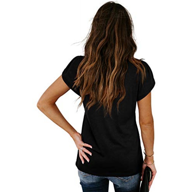 WIHOLL 여성 탑 V 넥 여름 꽃잎 슬리브 캐주얼 티셔츠