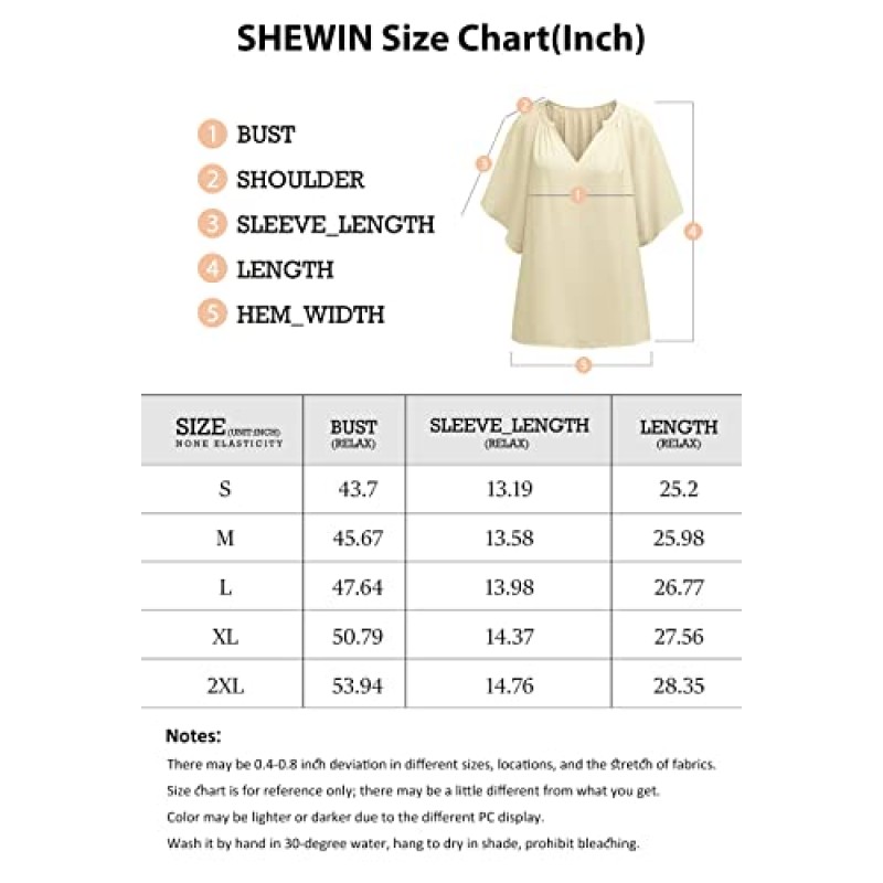 SHEWIN 여성 캐주얼 V 넥 루즈 3/4 벨 슬리브 시폰 블라우스 셔츠 플리츠 플로위 튜닉 탑