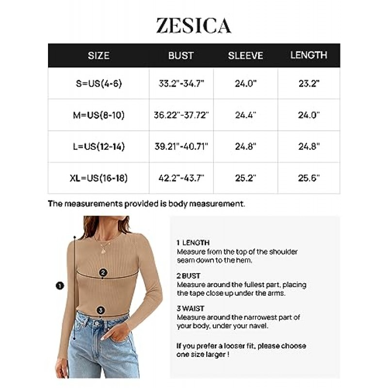 ZESICA 여성용 긴 소매 크루 넥 셔츠 2023 가을 옷 골지 니트 스웨터 슬림 피트 캐주얼 기본 티셔츠