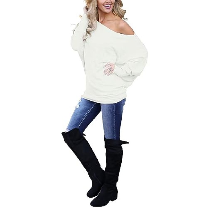 Lacozy 여성용 오프 숄더 탑 캐주얼 긴팔 셔츠 오버사이즈 니트 풀오버 스웨터