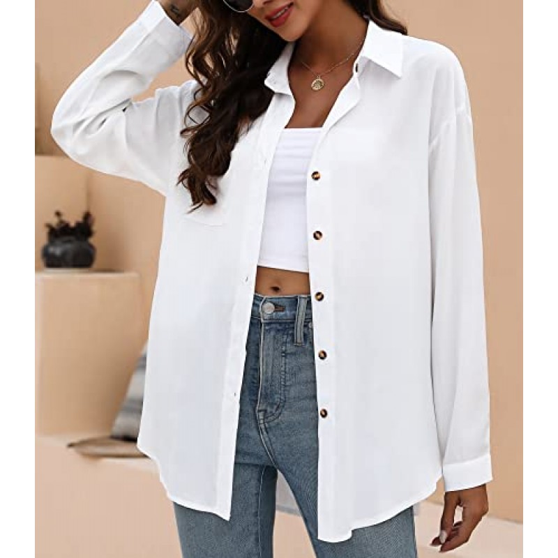 KYLELOVE 여성용 버튼 다운 칼라 셔츠 긴 소매 블라우스 포켓이 있는 오버사이즈 인과 탑
