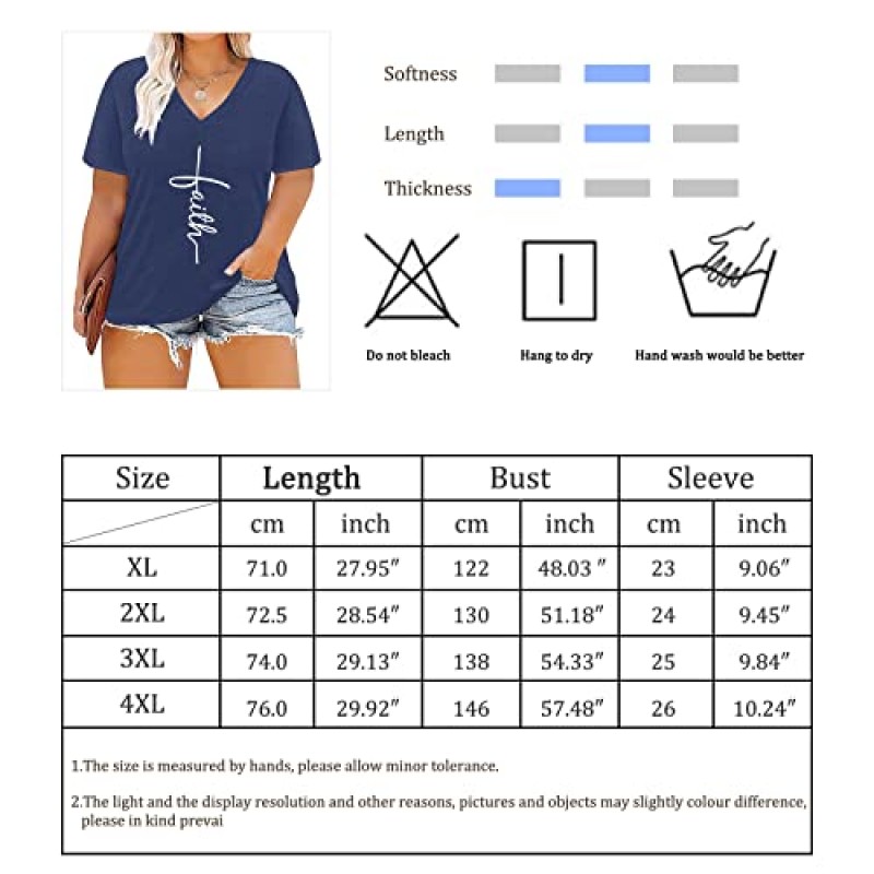여성용 플러스 사이즈 탑 크루넥 반소매 셔츠 Inspirational Faith 그래픽 여름 티셔츠 1X-4X