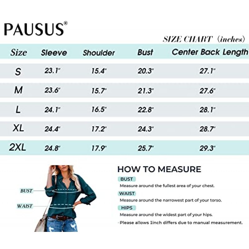 Pausus Womens 버튼 다운 셔츠 포켓 포함 긴 소매 오피스 V 넥 캐주얼 비즈니스 블라우스 탑 슬림 피트 드레스 셔츠