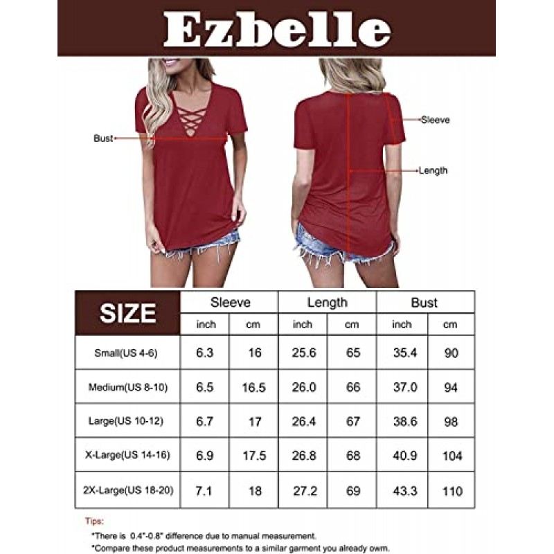 Ezbelle 여성용 반팔 V 넥 셔츠 크리스 크로스 탑 기본 T 셔츠