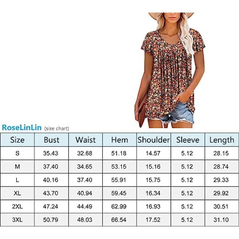 ROSELINLIN Womens Ruffle Sleeve 여름 튜닉 탑 V 넥 루즈 피트 반소매 티셔츠