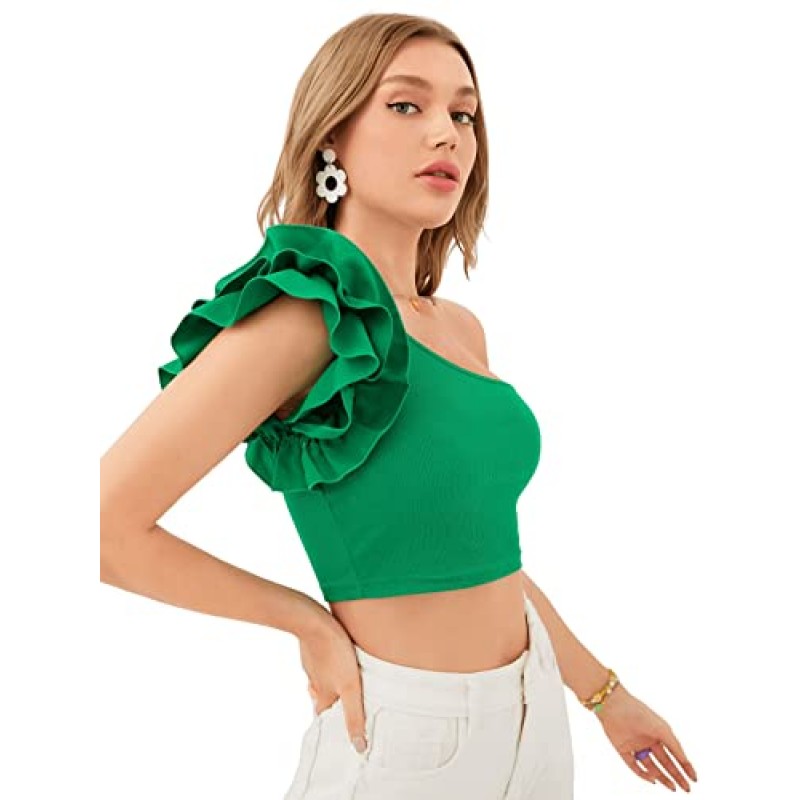 SweatyRocks 여성용 솔리드 원 숄더 레이어드 프릴 티셔츠 버터 플라이 슬리브 장착 캐주얼 여름 탑 블라우스