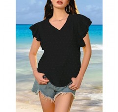 KOJOOIN Womens Swiss Dot Tops 여름 프릴 반소매 V 넥 캐주얼 시폰 블라우스 셔츠