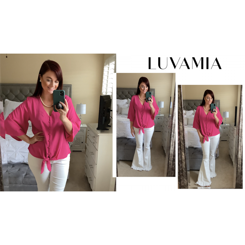 luvamia 여성 캐주얼 V 넥 탑 3/4 슬리브 타이 매듭 블라우스 솔리드 버튼 다운 셔츠