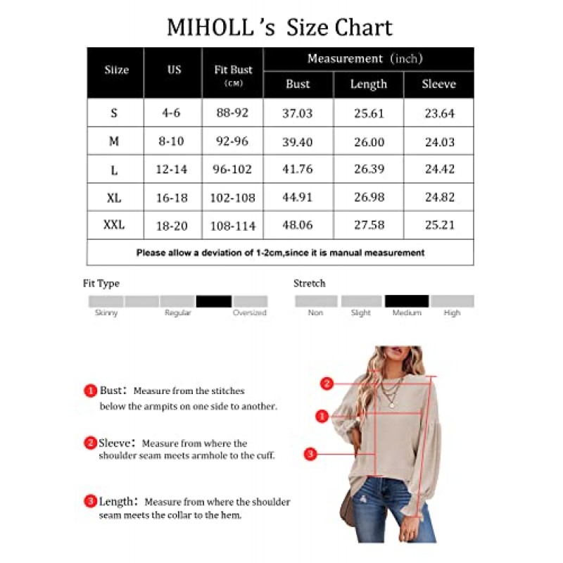 MIHOLL Womens 긴 소매 탑 크루 넥 프릴 랜턴 슬리브 캐주얼 루즈 블라우스 T 셔츠