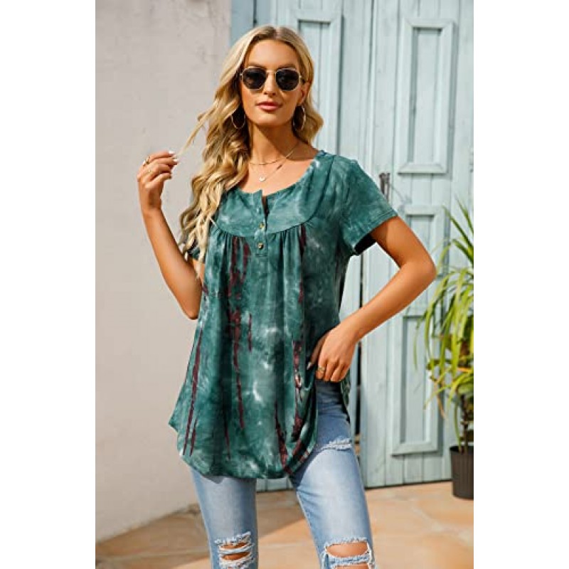 AMCLOS Womens Tie-Dye Tops V 넥 소프트 티셔츠 Flowy Pleats 튜닉 버튼 업 캐주얼 블라우스 여름 반팔