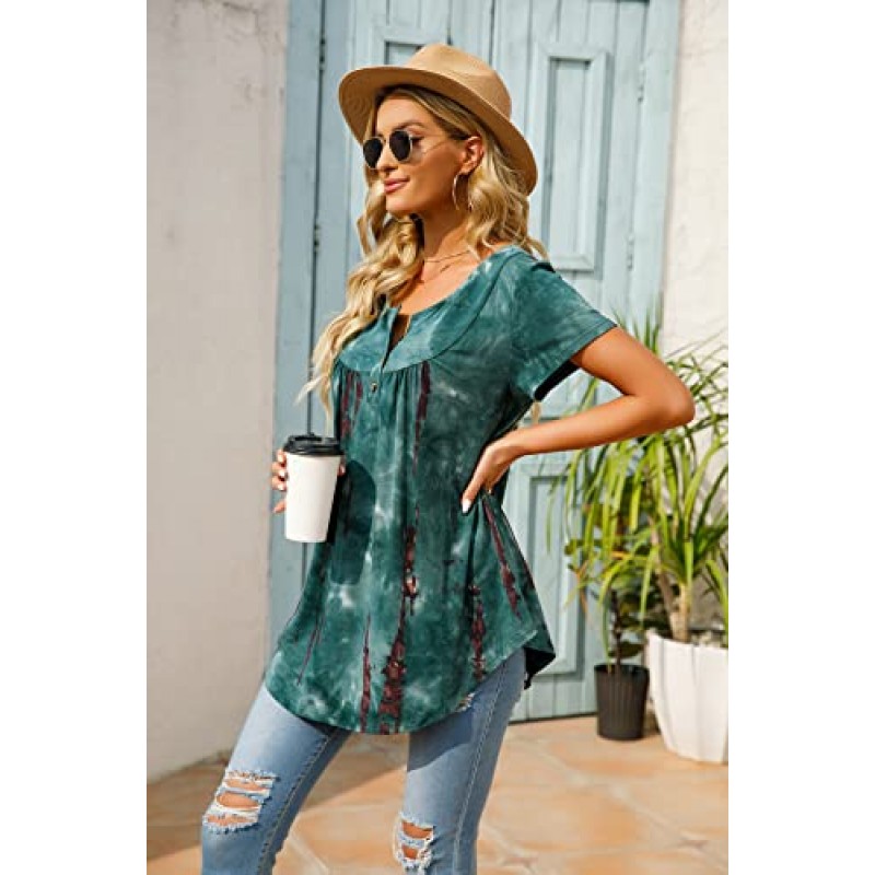 AMCLOS Womens Tie-Dye Tops V 넥 소프트 티셔츠 Flowy Pleats 튜닉 버튼 업 캐주얼 블라우스 여름 반팔