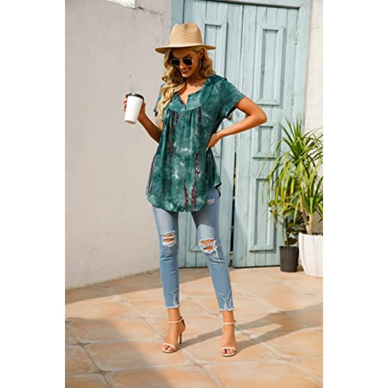 AMCLOS Womens Tie-Dye Tops V 넥 소프트 티셔츠 Flowy Pleats 튜닉 버튼 업 캐주얼 블라우스 여름 반팔