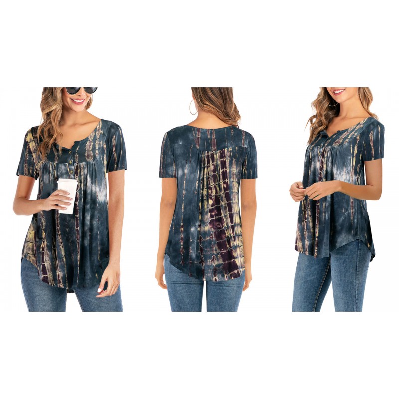 AMCLOS Womens Tie-Dye Tops V 넥 소프트 티셔츠 Flowy Pleats 튜닉 버튼 업 캐주얼 블라우스 여름 반팔