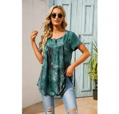 AMCLOS Womens Tie-Dye Tops V 넥 소프트 티셔츠 Flowy Pleats 튜닉 버튼 업 캐주얼 블라우스 여름 반팔