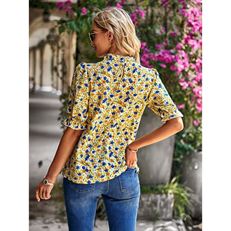 IFFEI 여성용 2023 여름 보호 꽃 무늬 탑 프릴 모의 넥 하프 슬리브 캐주얼 티셔츠 루즈 피트 블라우스