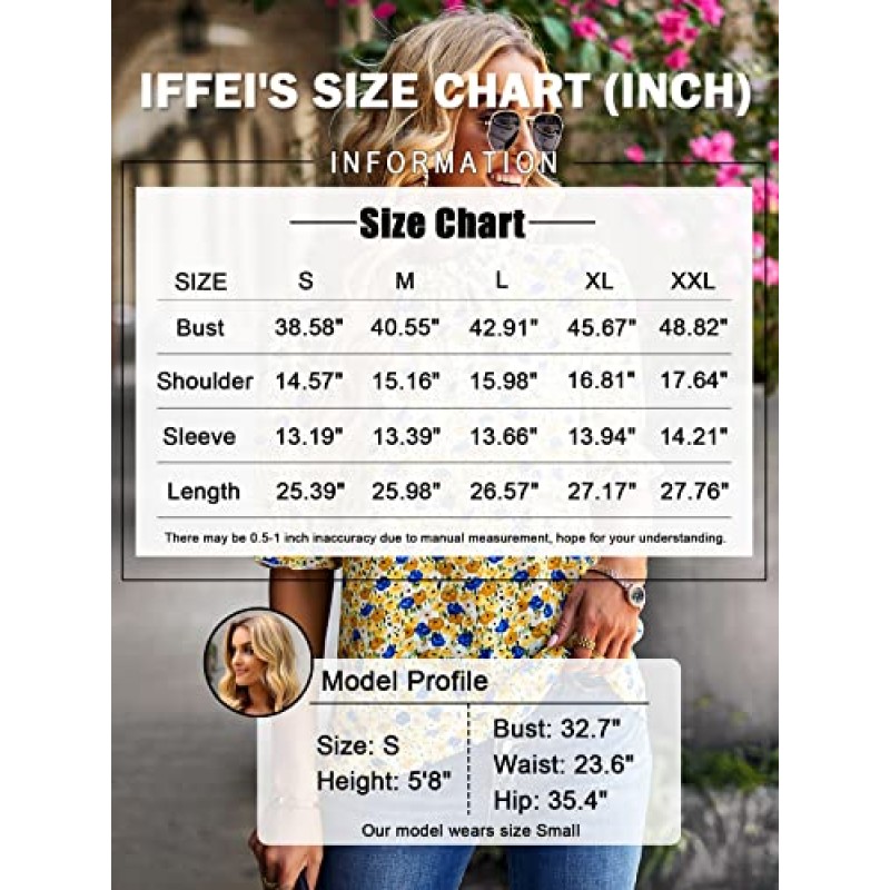 IFFEI 여성용 2023 여름 보호 꽃 무늬 탑 프릴 모의 넥 하프 슬리브 캐주얼 티셔츠 루즈 피트 블라우스